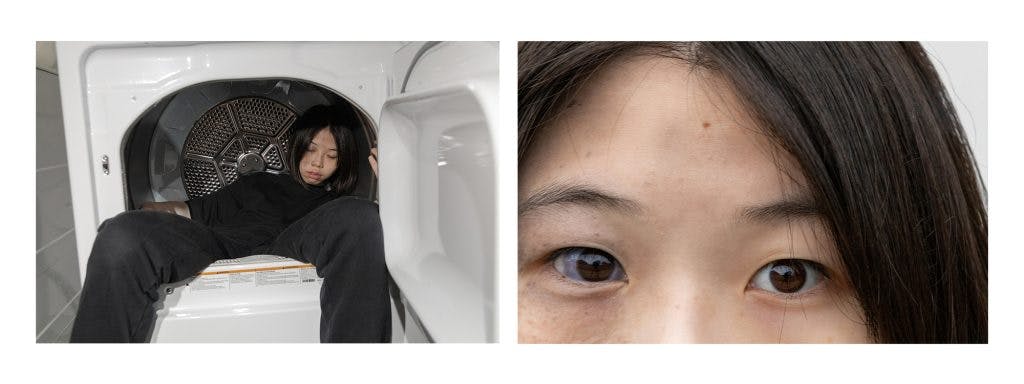 A girl asleep in a laundry machine on the left and a close up of a girl's eyes on the right.